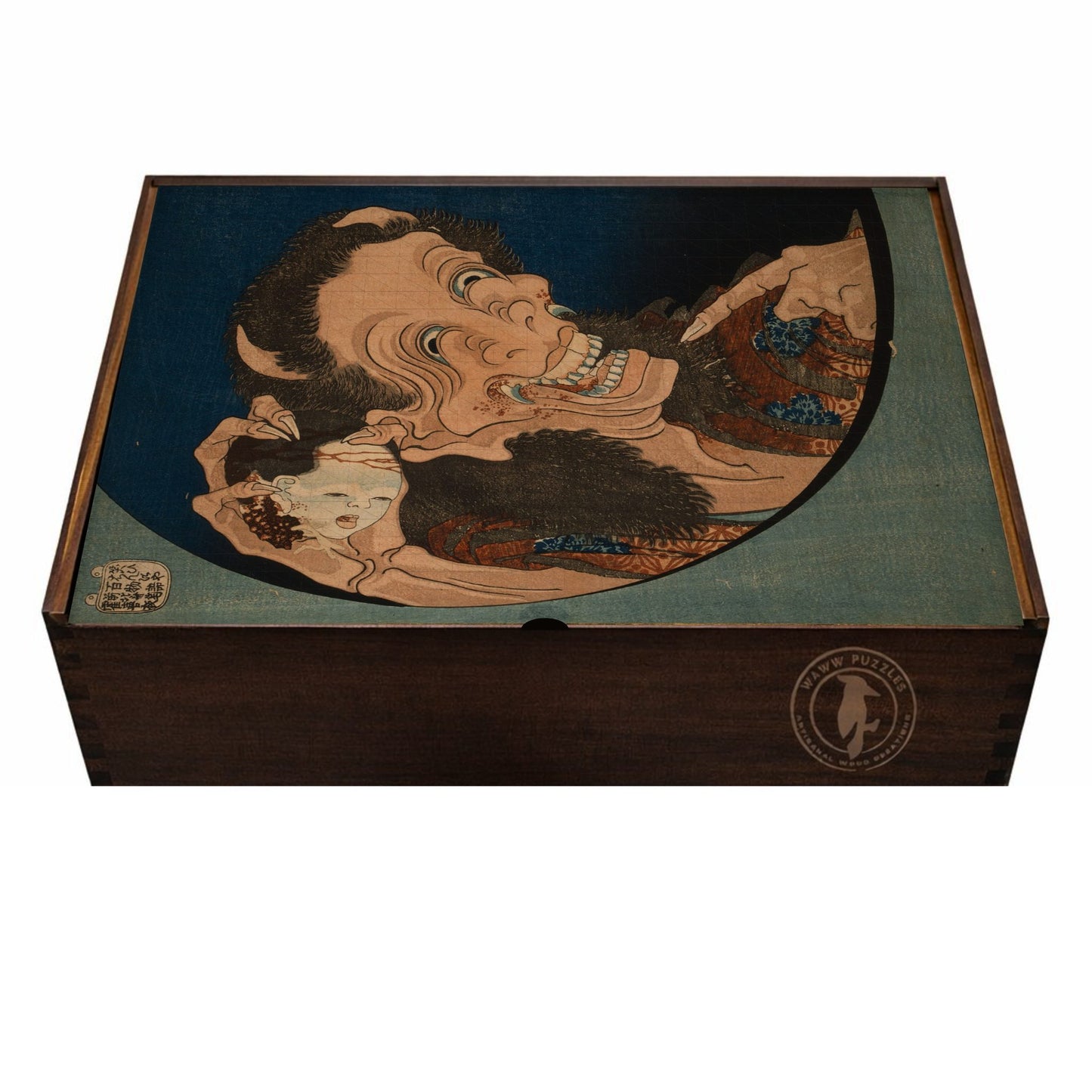 Premium wooden puzzle box featuring Hokusai's The Laughing Demon
