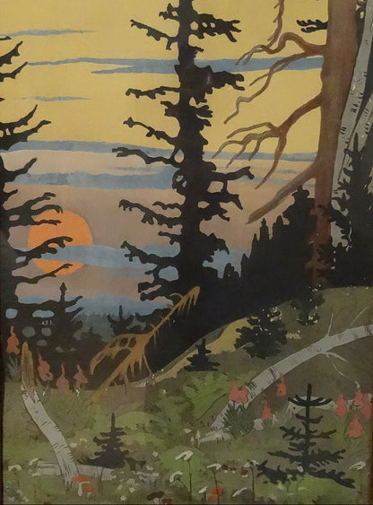 Bilibin's Forest Sunset depicting a twilight forest scene with vibrant orange and purple hues.
