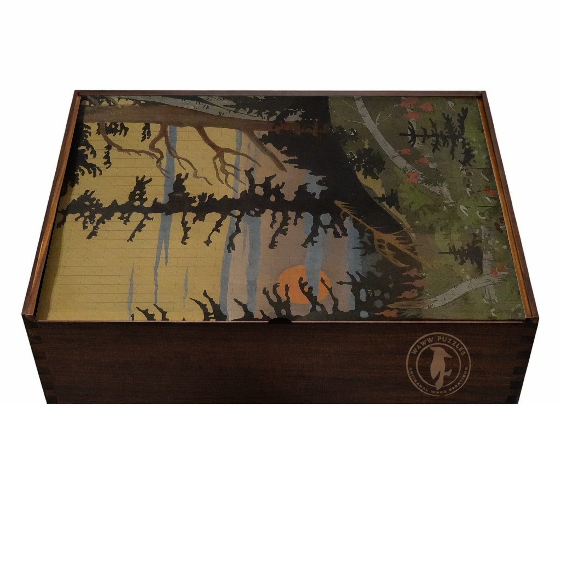 Premium wooden puzzle box featuring Bilibin's Forest Sunset with artisanal design.