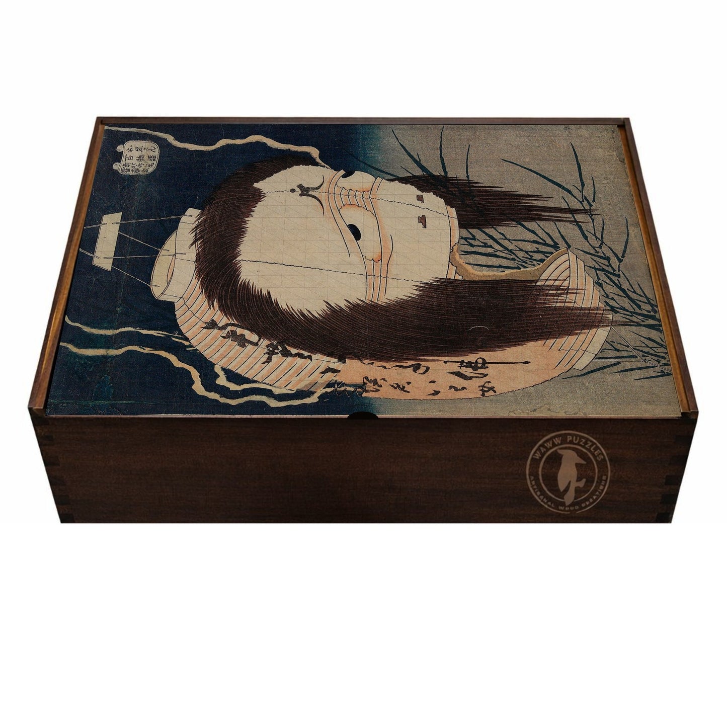 Elegant puzzle box featuring Oiwa's ghostly image from Hokusai's artwork