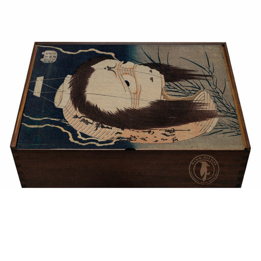 Elegant puzzle box featuring Oiwa's ghostly image from Hokusai's artwork