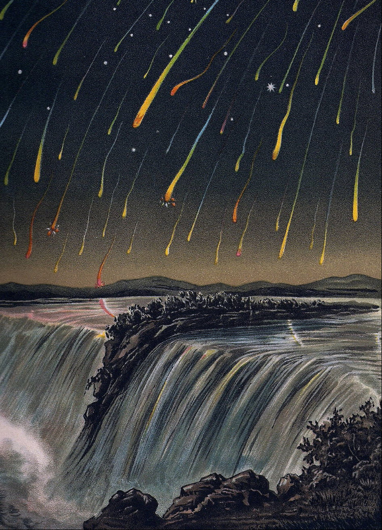 Edmund Weiß's engraving of the 1833 Leonid Meteor Storm, night sky with meteors.