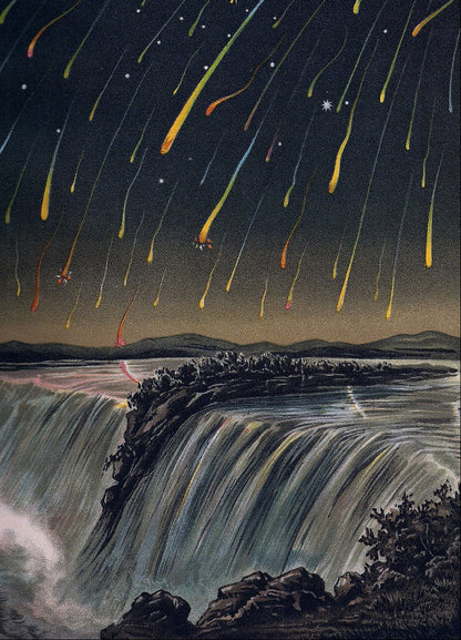 Edmund Weiß's engraving of the 1833 Leonid Meteor Storm, night sky with meteors.