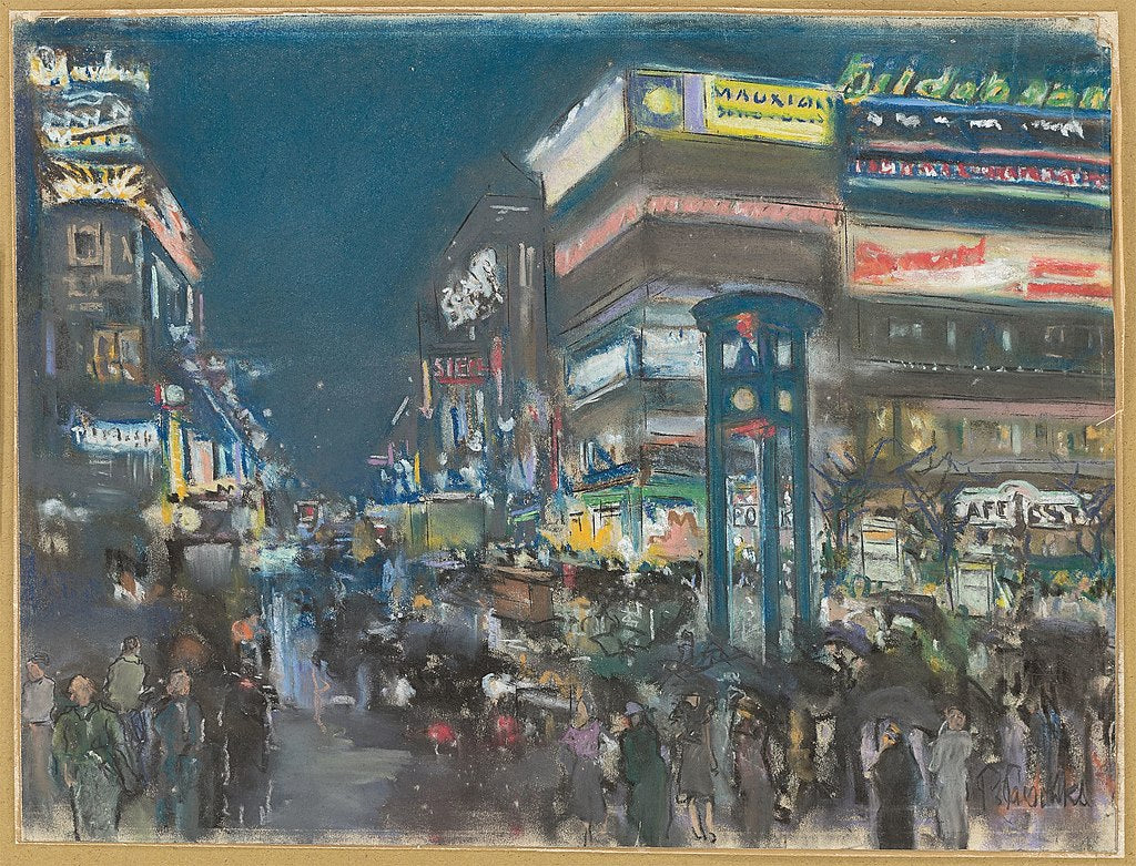 Paul Paeschke's Potsdamer Platz at night in vibrant pastel colors, capturing urban life.