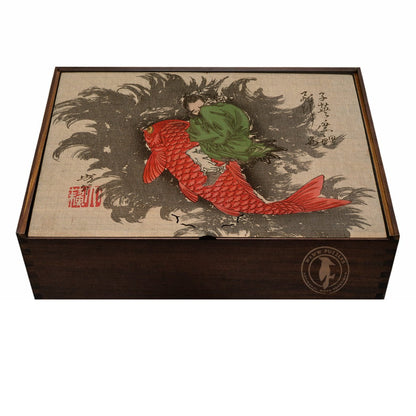 Premium wooden puzzle box featuring Yoshitoshi's Shiei Riding a Carp