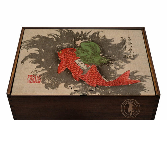 Premium wooden puzzle box featuring Yoshitoshi's Shiei Riding a Carp