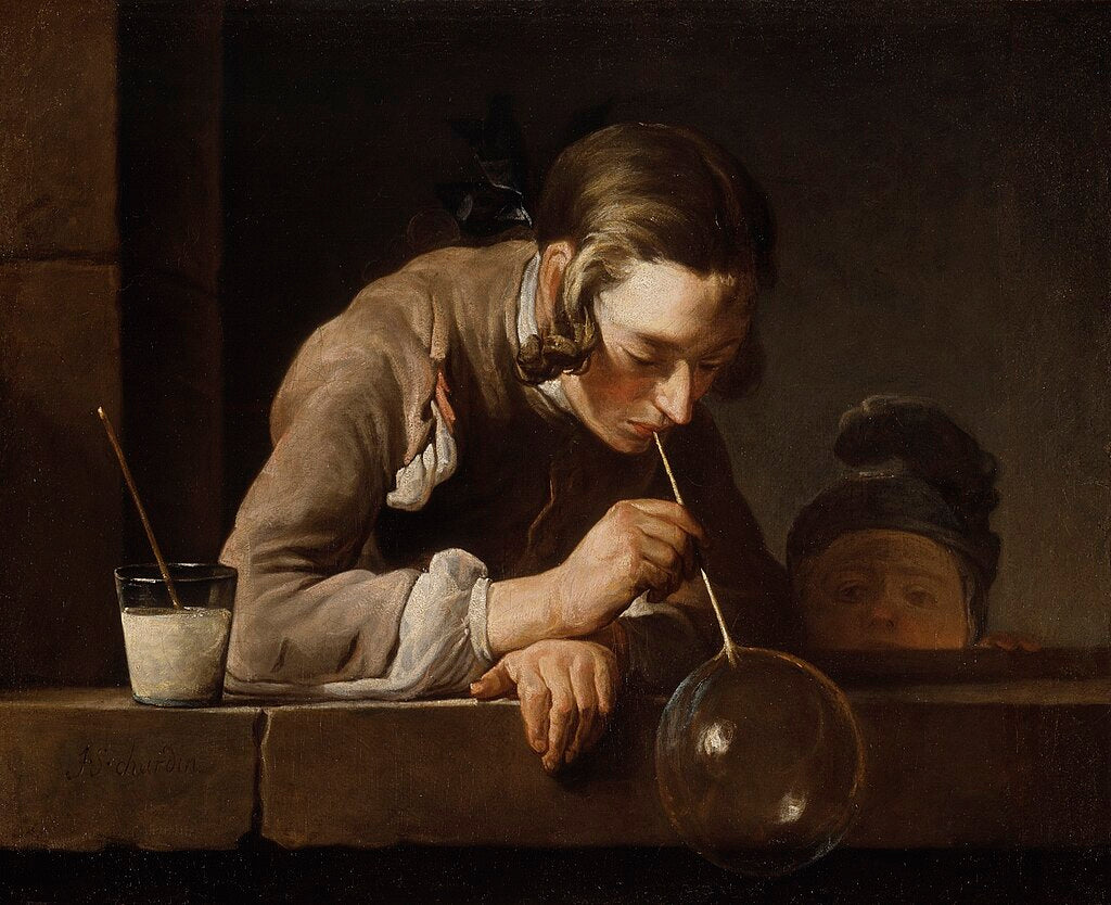 Chardin's Soap Bubbles depicting a young man blowing a bubble, a child watching expectantly