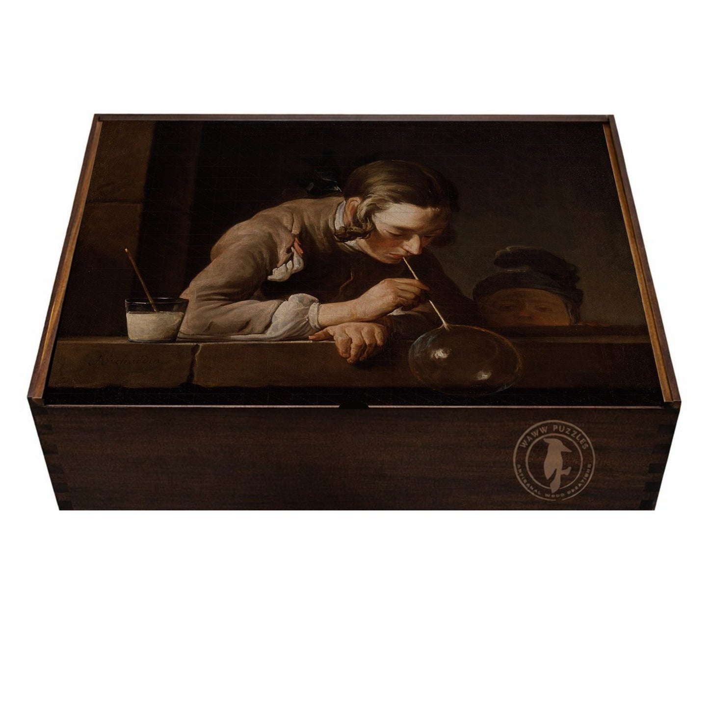 Handcrafted wooden puzzle box featuring Chardin's Soap Bubbles artwork