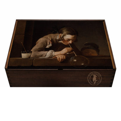 Handcrafted wooden puzzle box featuring Chardin's Soap Bubbles artwork