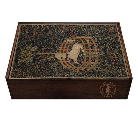 Premium wooden puzzle box featuring The Unicorn in Captivity tapestry art