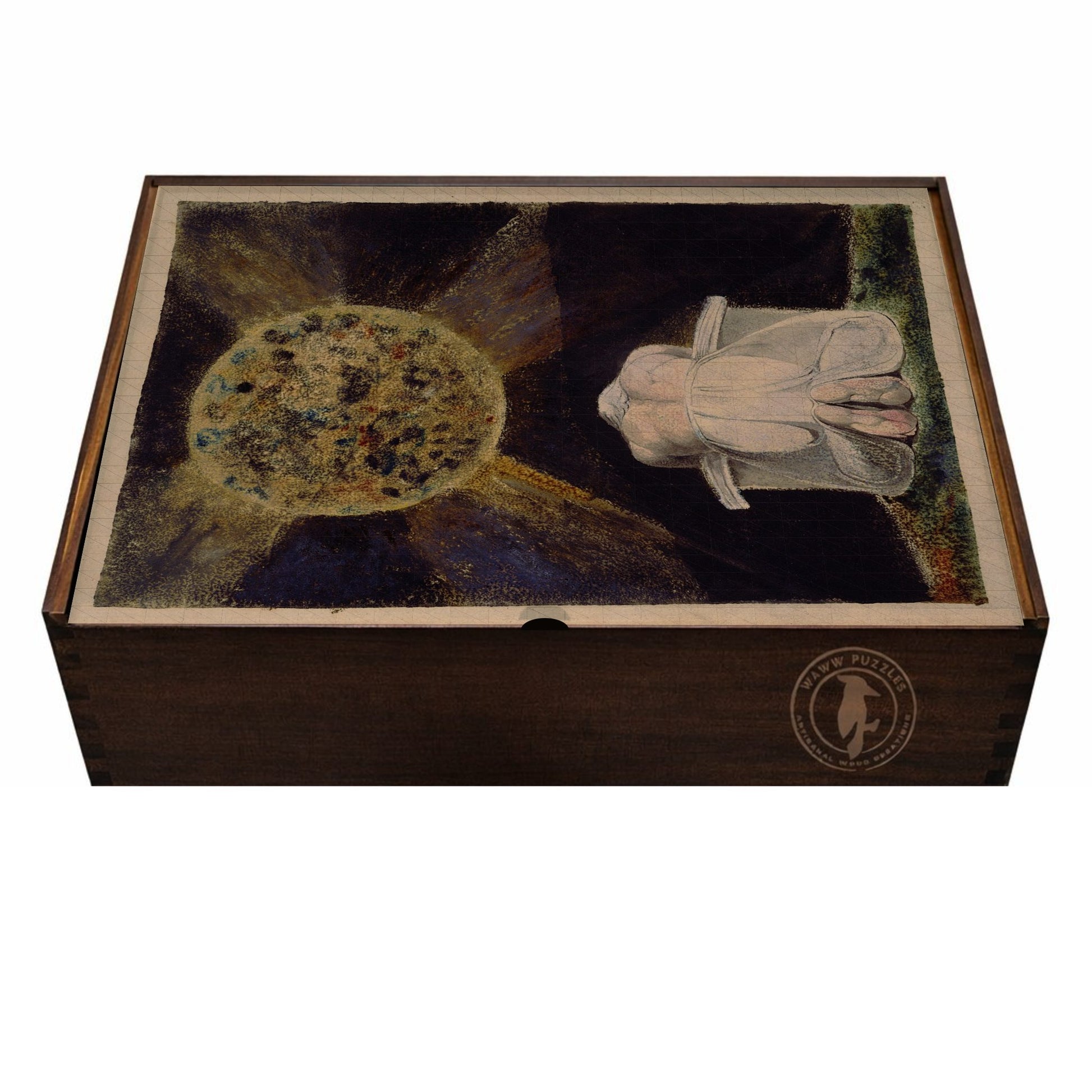 Artisanal wooden puzzle box featuring William Blake’s Sconfitta, highlighting craftsmanship and artistic detail.