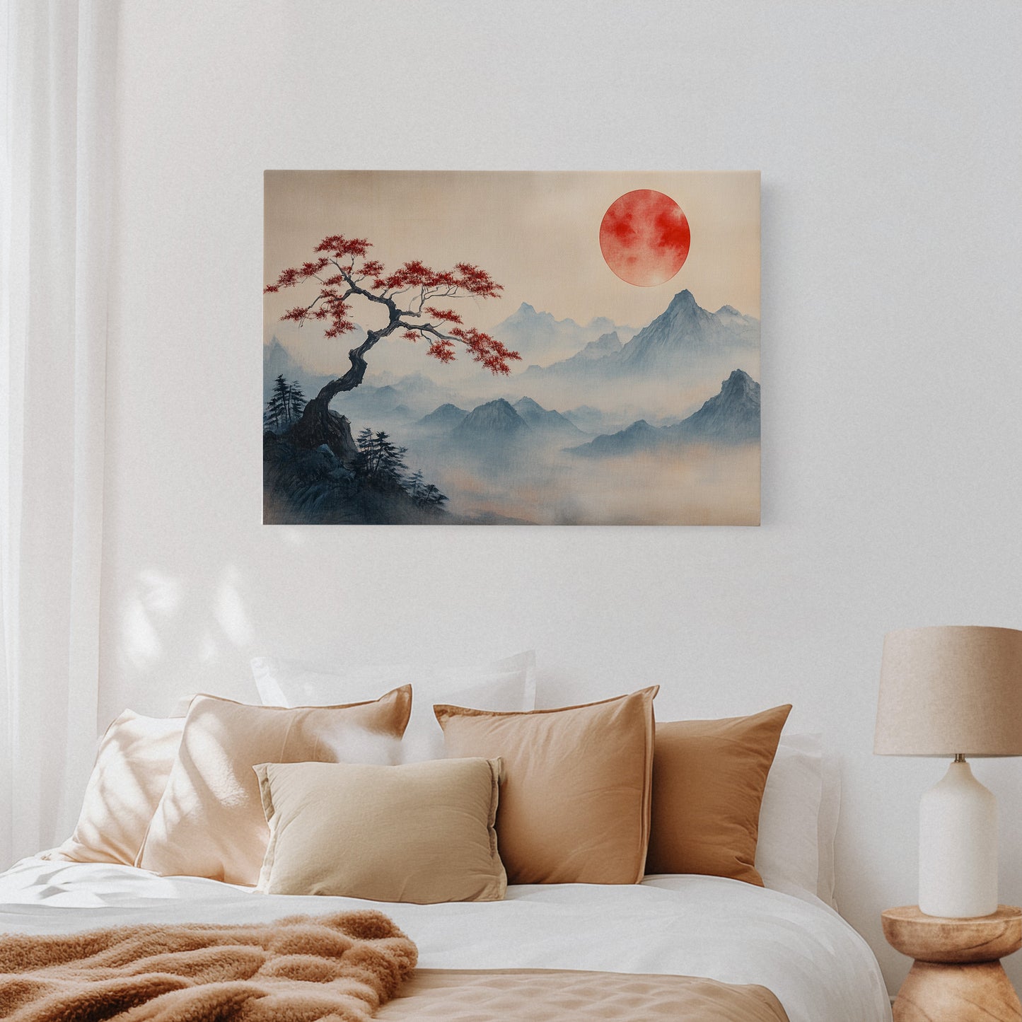Japanese Landscape Wall Art – Red Sun and Bonsai Mountain Print