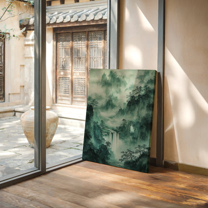 Serene Waterfall Landscape – Traditional Japanese Ink Wash Painting