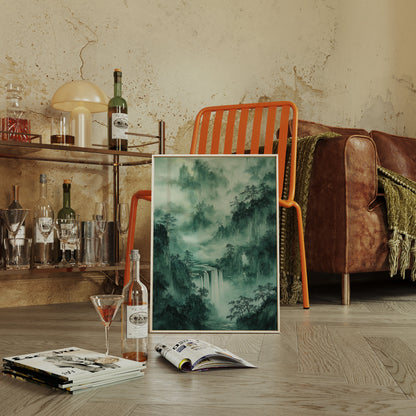 Serene Waterfall Landscape – Traditional Japanese Ink Wash Painting