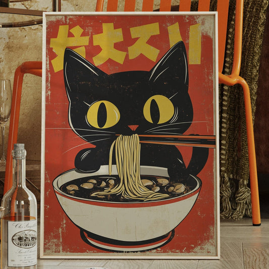 Retro Ramen Cat Poster – Japanese-Inspired Noodle Lover Wall Art