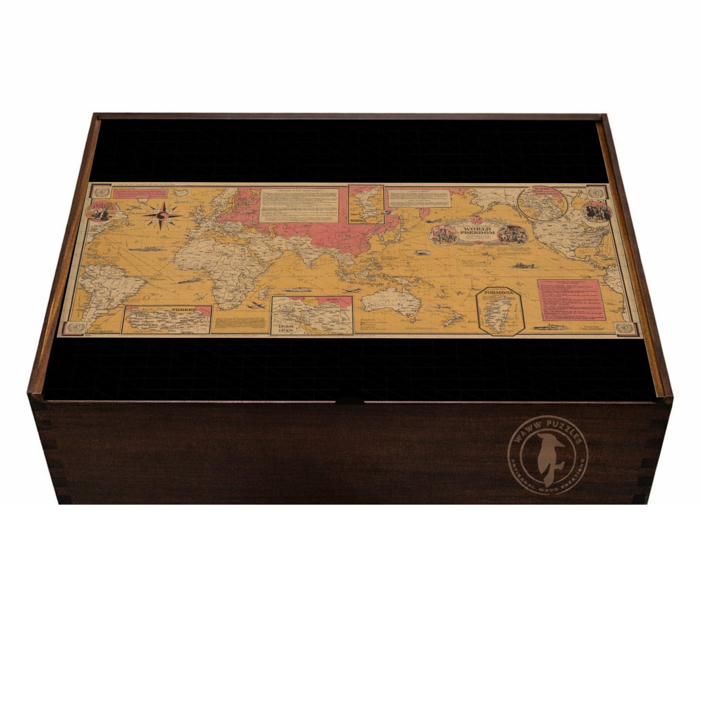 Artisanal handcrafted wooden puzzle box featuring Chase's World Freedom map illustration.