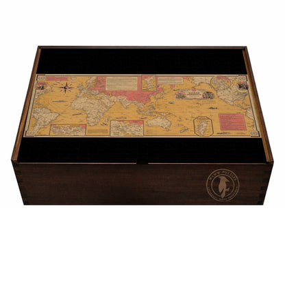 Artisanal handcrafted wooden puzzle box featuring Chase's World Freedom map illustration.