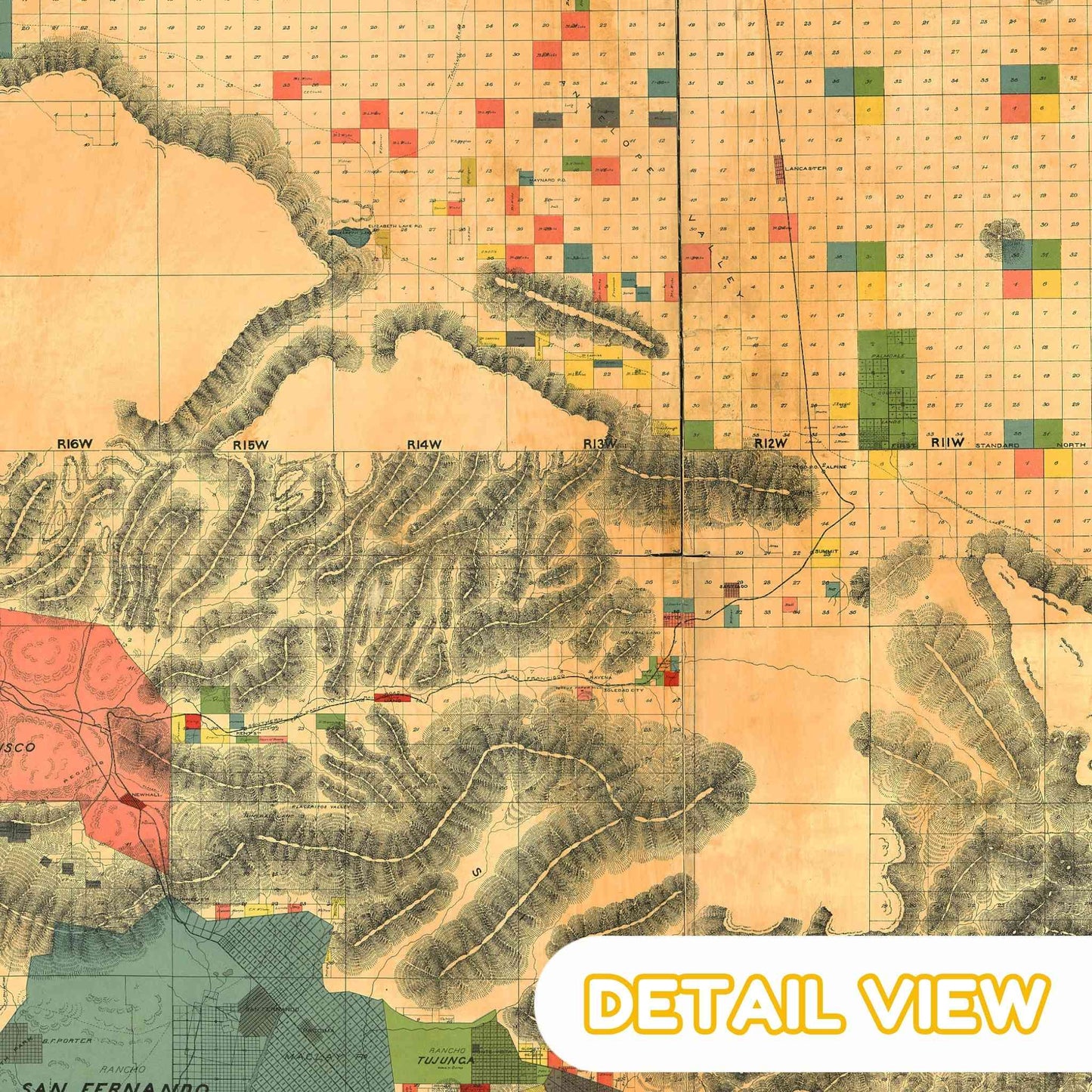 Vintage Los Angeles, California map with color-coded regions and topographic details
