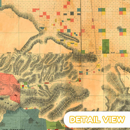 Vintage Los Angeles, California map with color-coded regions and topographic details
