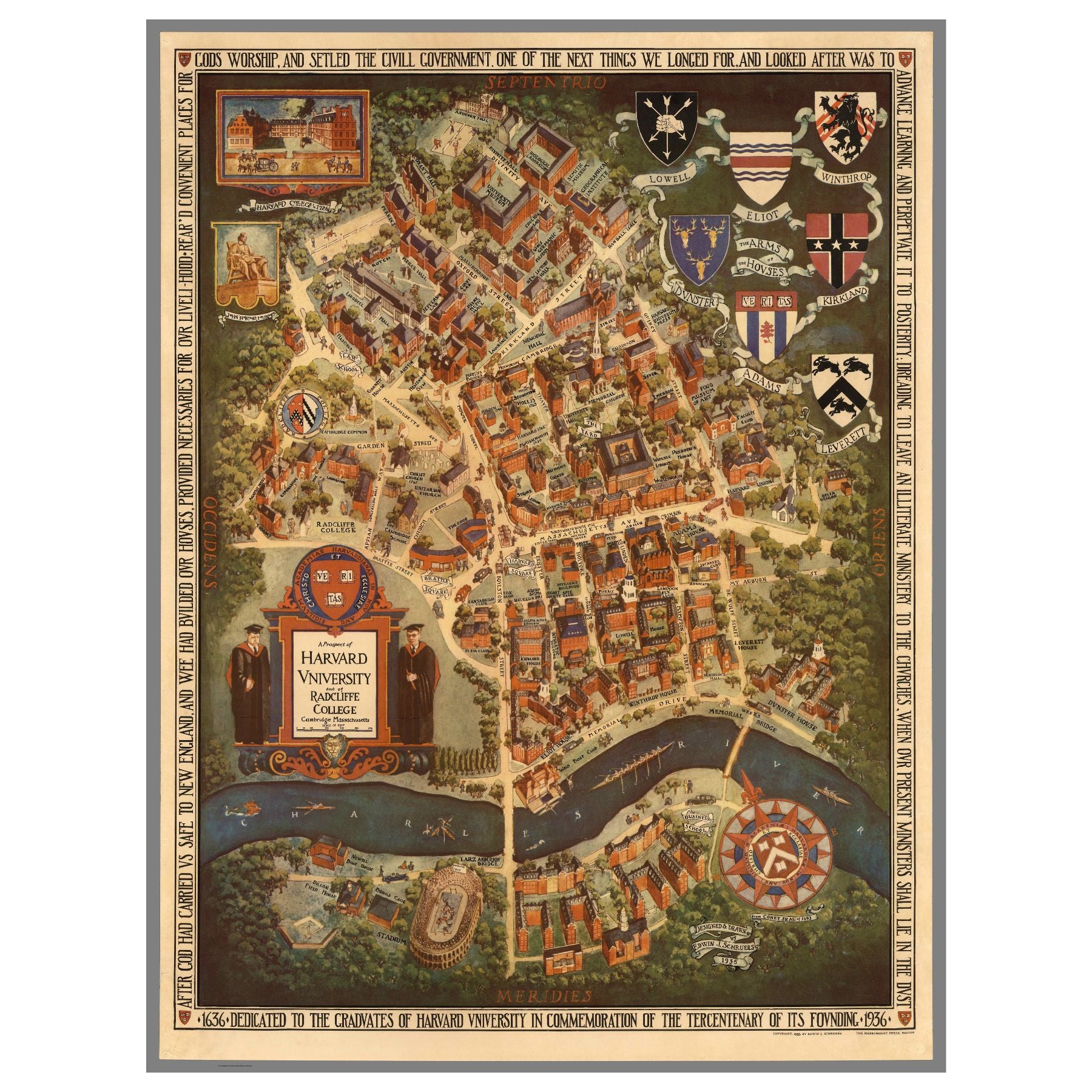 A high-quality wooden jigsaw puzzle of a vintage pictorial map of Harvard University and Radcliffe College, featuring historic buildings, crests, and decorative elements. Comes in a handmade wooden keepsake box.