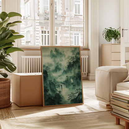 Serene Waterfall Landscape – Traditional Japanese Ink Wash Painting