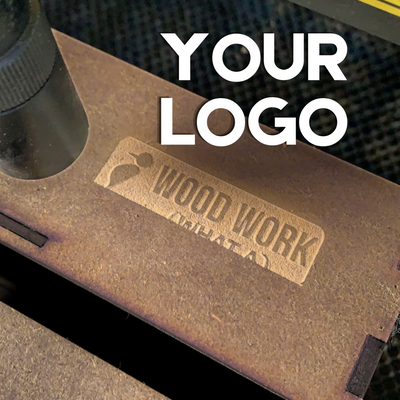 Wooden product with 'Wood Work' branding and text overlay 'YOUR LOGO'.