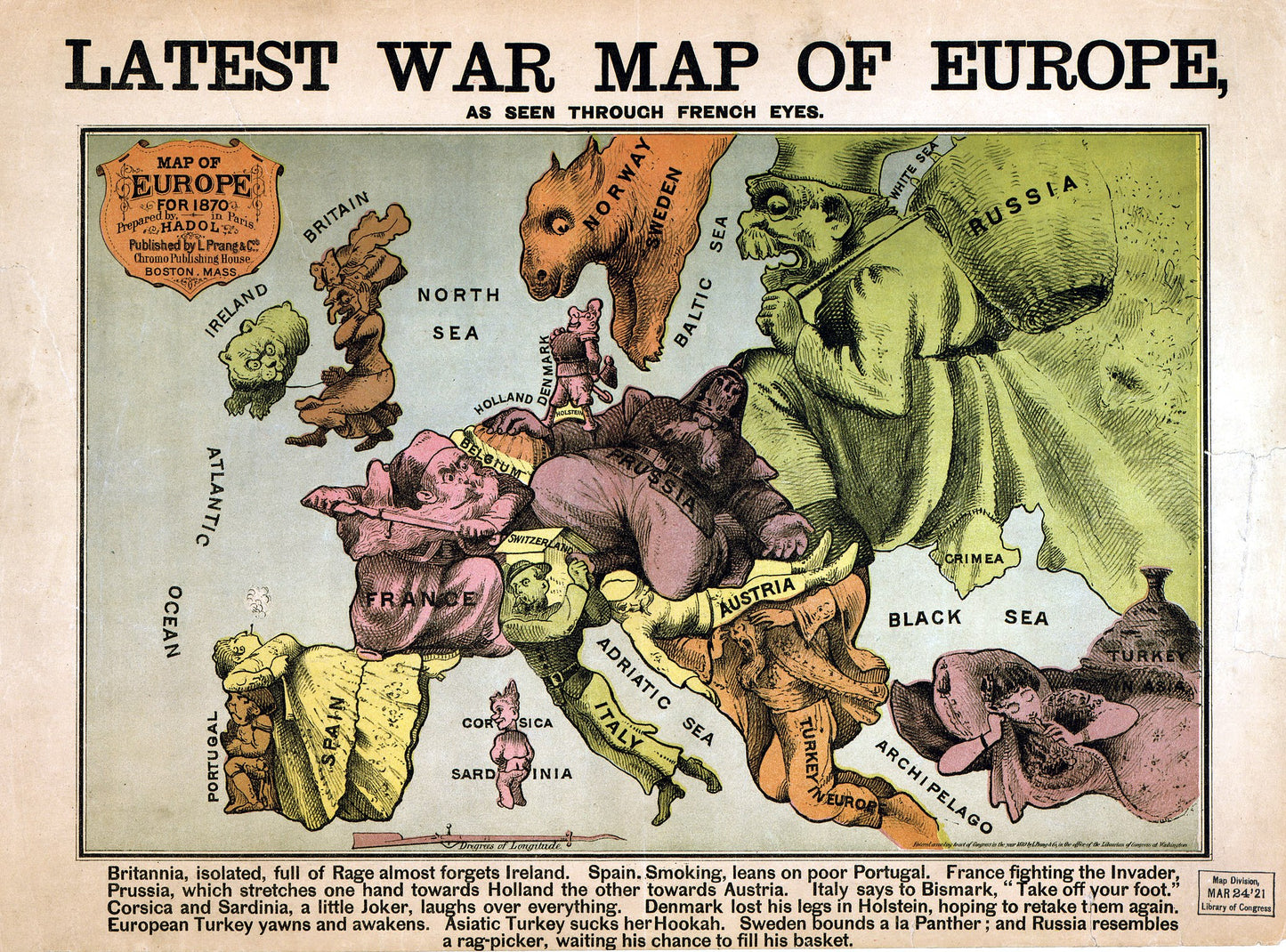 Paul Hadol's map of Europe 1870 with animated caricatures and vibrant colors depicting geopolitical satire