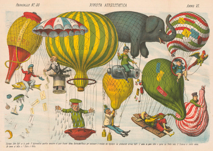 19th-century satire by Grossi with colorful balloons personifying European powers.