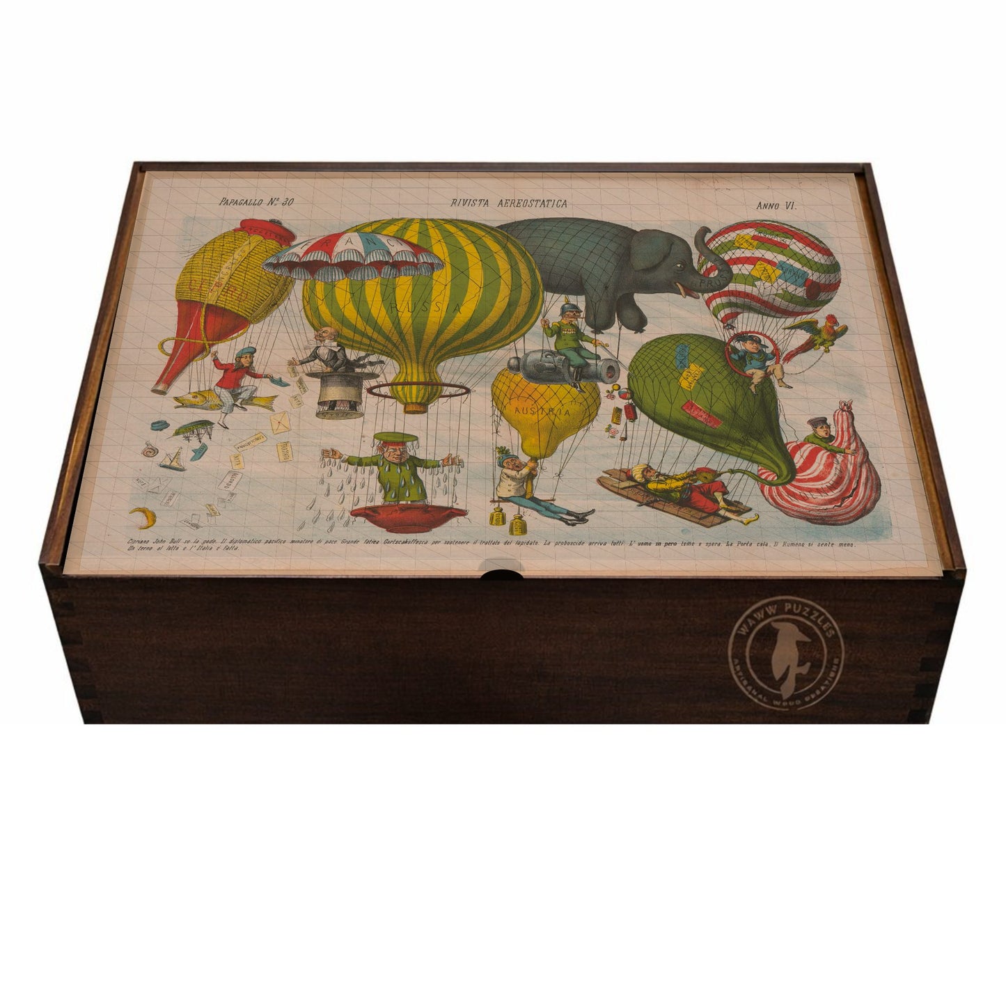 Crafted wooden puzzle box featuring colorful artwork of Rivista aerostatica.