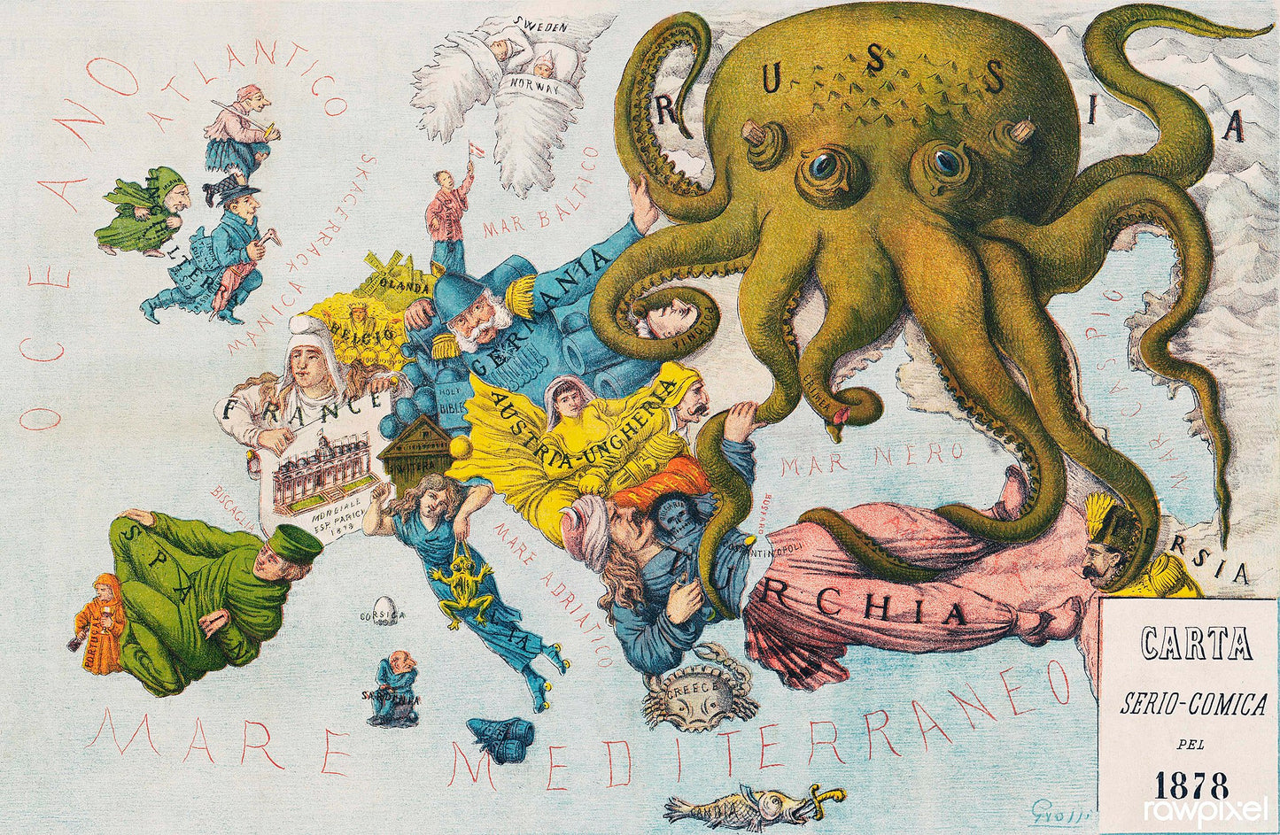 Grossi's The Russian Octopus showing Russia as an octopus on a colorful map with caricatured countries.