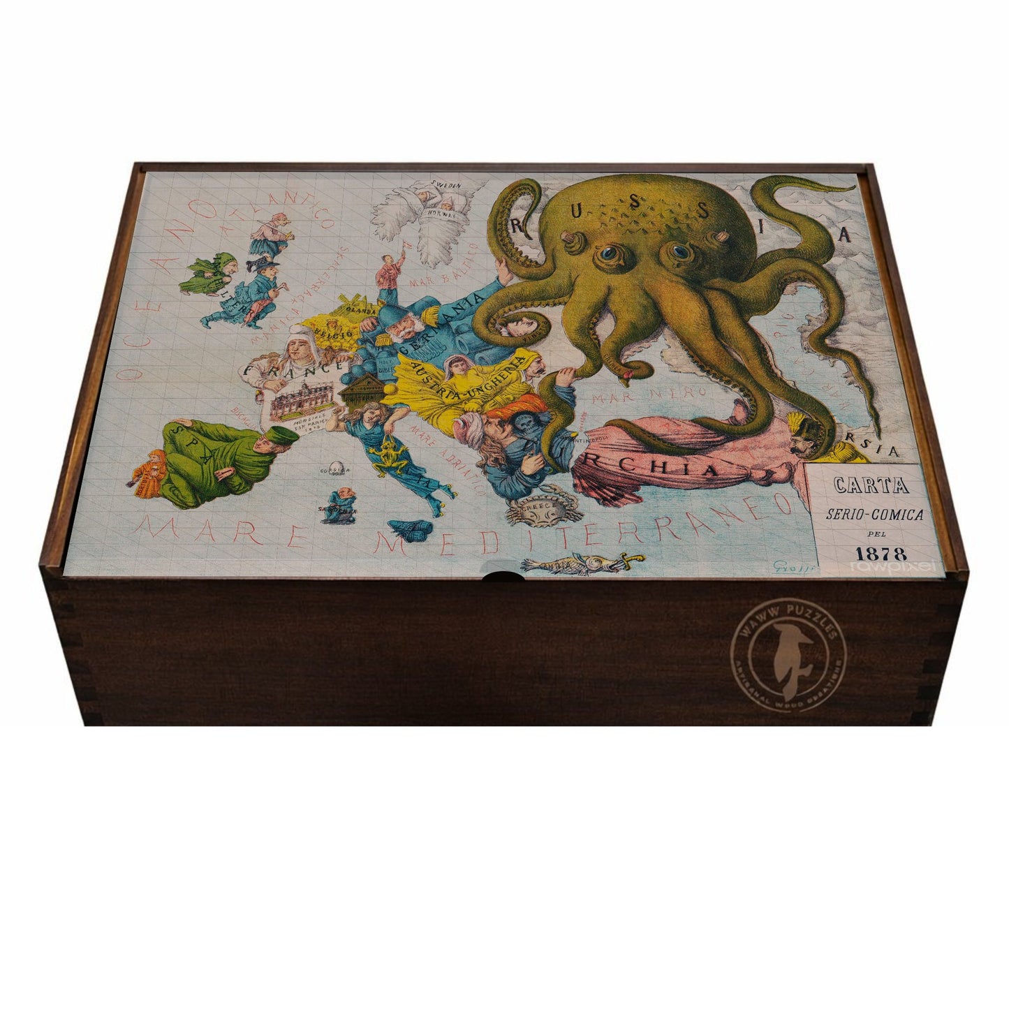 Premium wooden puzzle box featuring Grossi's satirical map The Russian Octopus.