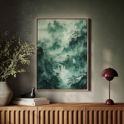 Serene Waterfall Landscape – Traditional Japanese Ink Wash Painting