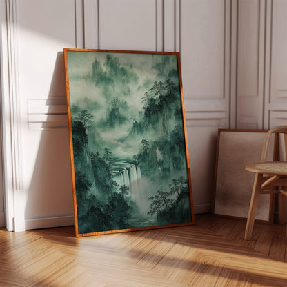 Serene Waterfall Landscape – Traditional Japanese Ink Wash Painting