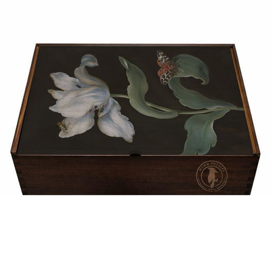 Decorative PUZZLE box with floral design and brand logo on a white background