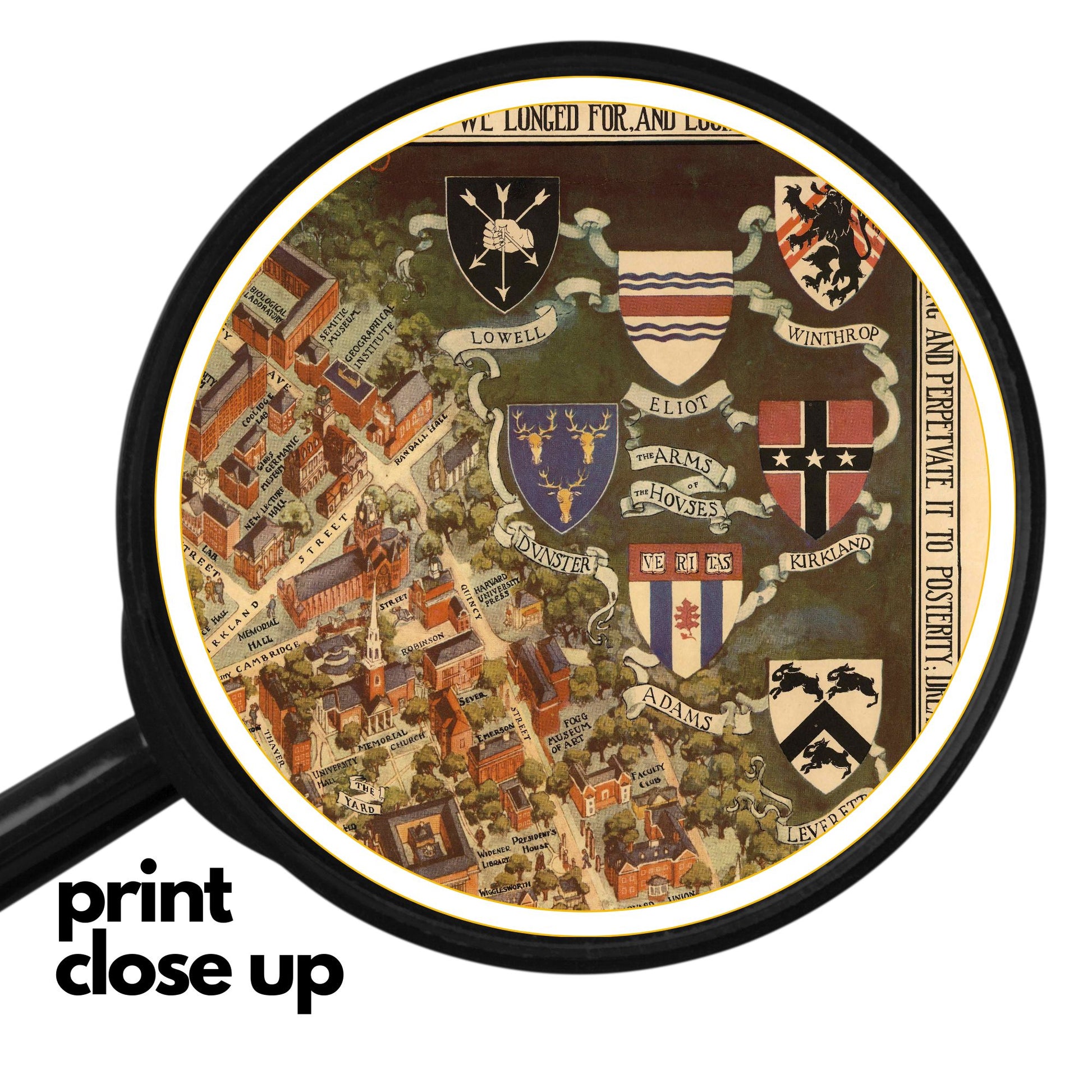 A high-quality wooden jigsaw puzzle of a vintage pictorial map of Harvard University and Radcliffe College, featuring historic buildings, crests, and decorative elements. Comes in a handmade wooden keepsake box.