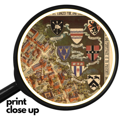 A high-quality wooden jigsaw puzzle of a vintage pictorial map of Harvard University and Radcliffe College, featuring historic buildings, crests, and decorative elements. Comes in a handmade wooden keepsake box.