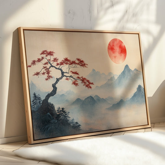 Japanese Landscape Wall Art – Red Sun and Bonsai Mountain Print
