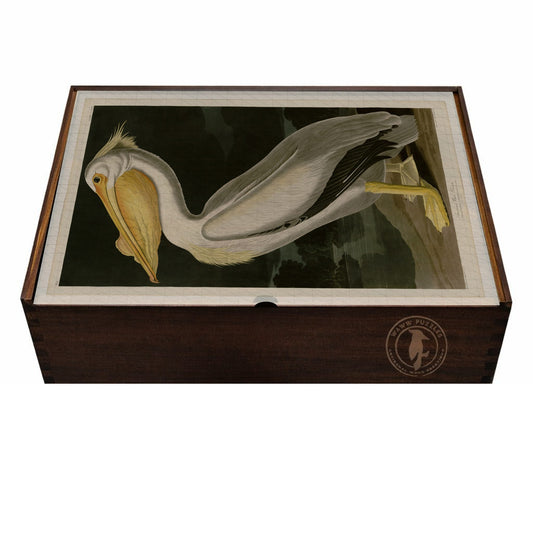 Artisanal wooden puzzle box featuring Audubon's American White Pelican artwork.