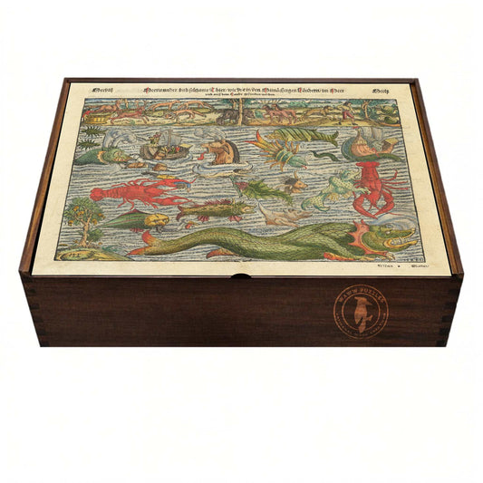premium wooden puzzle box featuring Münster's Map of Scandinavia with mythical sea creatures