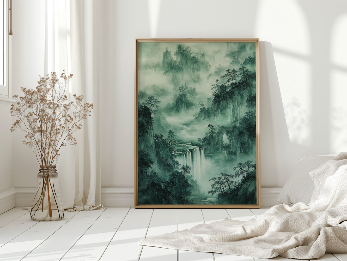 Serene Waterfall Landscape – Traditional Japanese Ink Wash Painting