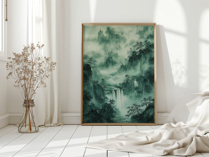 Serene Waterfall Landscape – Traditional Japanese Ink Wash Painting