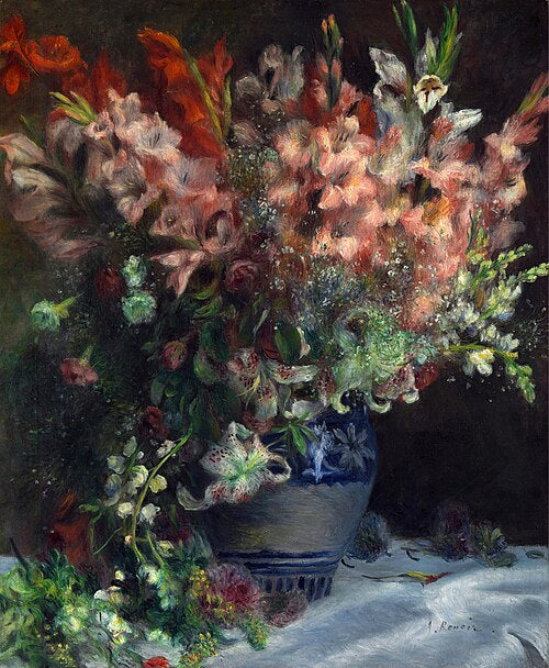 Oil painting of a bouquet of gladiolus in a blue and white vase on a dark background