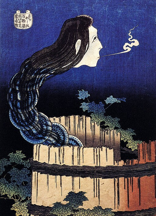 Hokusai's "The Mansion of the Plates" showing ghostly Okiku emerging from a well amidst blue plates