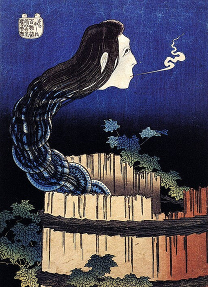 Hokusai's "The Mansion of the Plates" showing ghostly Okiku emerging from a well amidst blue plates