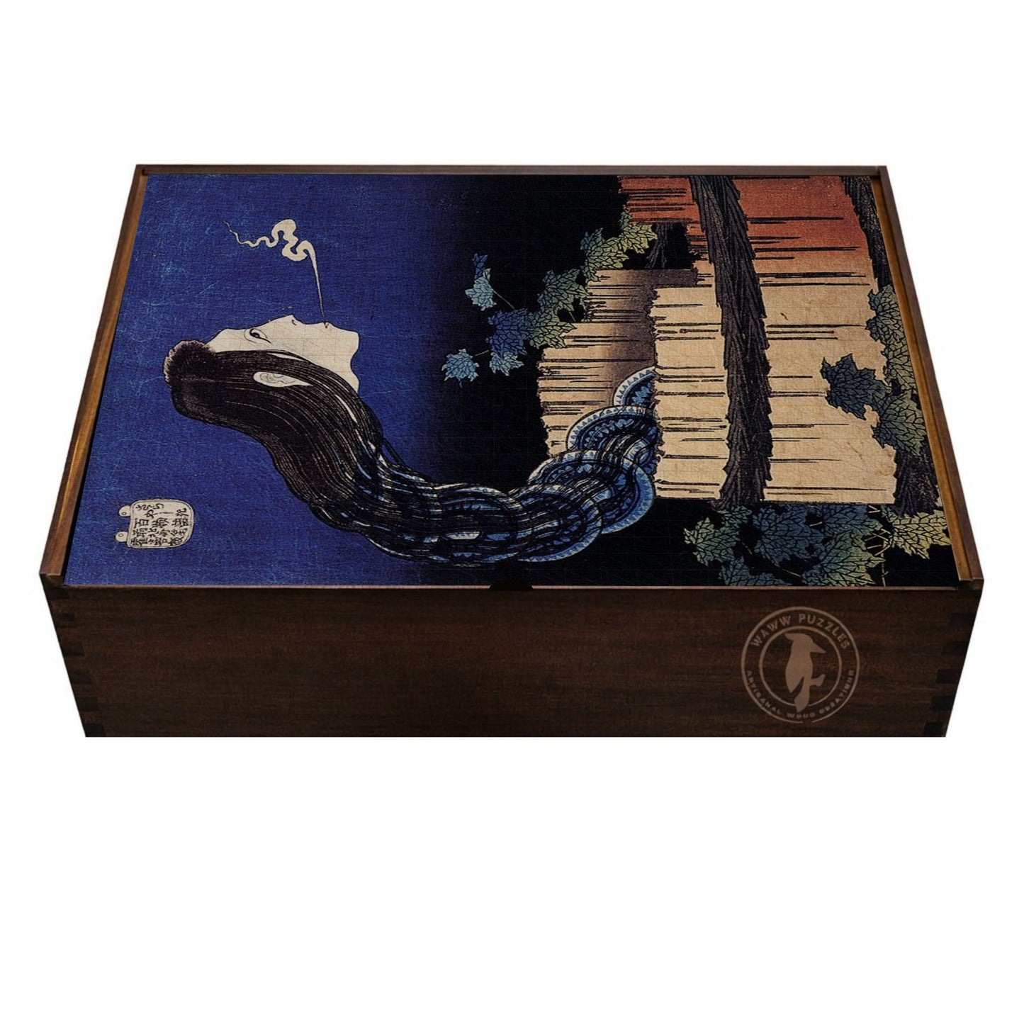 Artisanal wooden puzzle box featuring Hokusai's "The Mansion of the Plates"