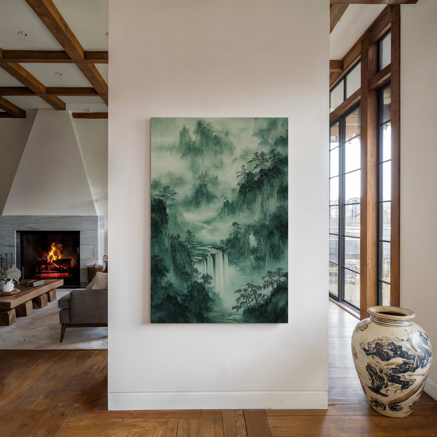 Serene Waterfall Landscape – Traditional Japanese Ink Wash Painting