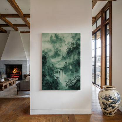 Serene Waterfall Landscape – Traditional Japanese Ink Wash Painting