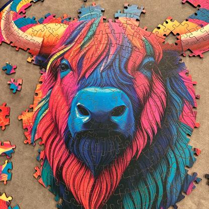 Highland Cow Round Wooden Puzzle: Vibrant, colorful portrait of a highland cow with large horns, centered in a mandala-inspired, circular wooden jigsaw puzzle.