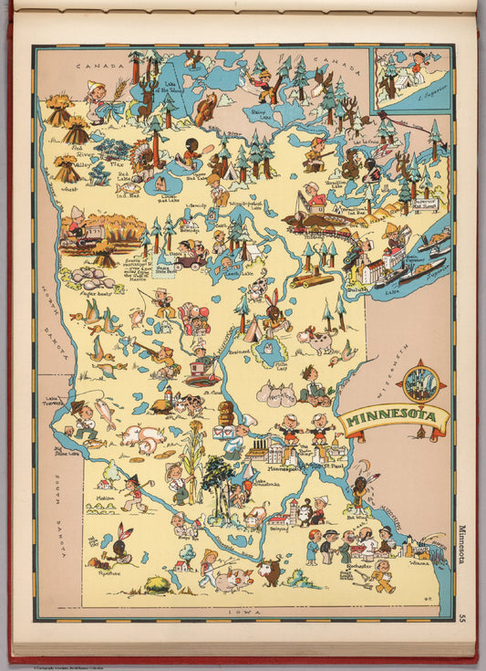 Illustrated map of Minnesota with various symbols and landmarks