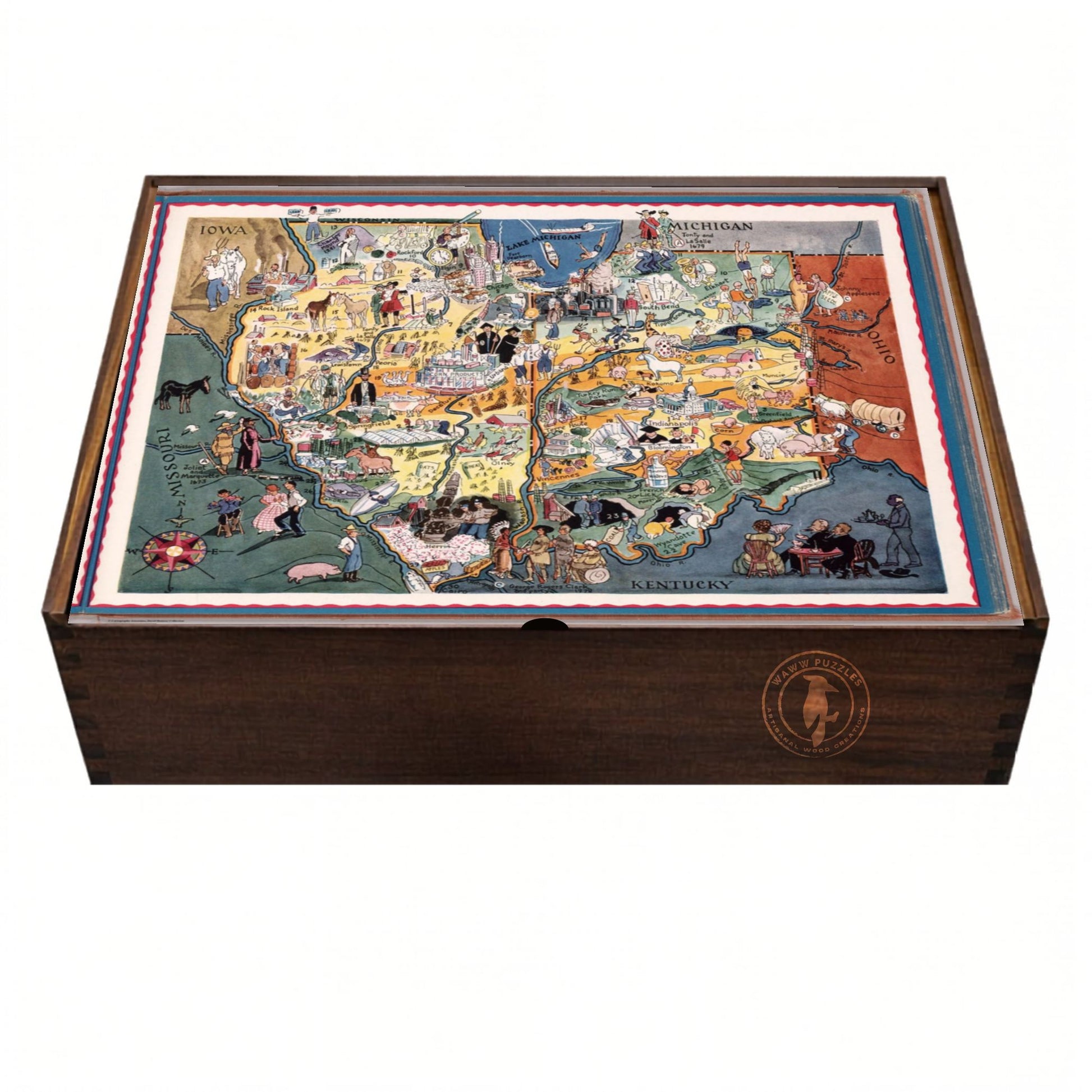 Beautifully designed puzzle box featuring Berta Hader's map of Illinois and Indiana